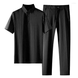 Men's Tracksuits Clothing High-end Business Casual Short-sleeved Trousers Suit Summer Ice Silk Striped Polo Shirt Two-piece Set