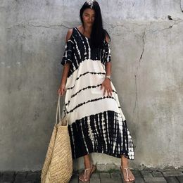 Basic Casual Dresses WeHello Womens Open Shoulder Long Beach Dress Bohemian Vintage Halo Dyed Robe Oversized Kaftan Fashionable Womens Clothing J240527