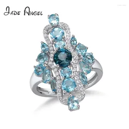 Cluster Rings Jade Angel Round Blue Topaz Coctail Ring Stylish Chic 925 Sterling Silver Created White Sapphire Handmade Jewellery For Women