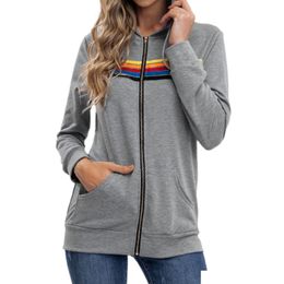 Womens Hoodies Sweatshirts Women Fashion Hoodie Oversized Rainbow Stripe Long Sleeve Sweatshirt Zipper Pocket Coat Jacket Spring Casua Otvtz