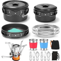 Cookware Sets Odoland 16pcs Camping Mess Kit With Folding Stove Non-Stick Lightweight Pots Pan Set Stainless Steel