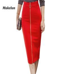 Women Sexy Office Skirt Plus Size Casual High Waist Mid Calf Long Elegant Stretch Zipper Bodycon Red Pencil Skirts S5XL 2106104983784
