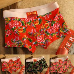 Underpants Men Cotton Underwear Peony Flower Boxer Briefs Breathable Comfort Pouch Panties U Convex Casual