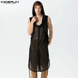 INCERUN Men Tank Tops Mesh Patchwork Hooded V Neck Sleeveless Vests Streetwear Transparent Sexy Fashion Clothing S3XL 240527
