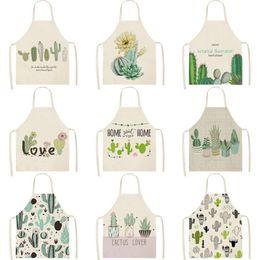 Aprons Cactus Plants Green Leaves Pattern Kitchen Home Cooking Baking Shop Cotton Linen Cleaning Apron 250I