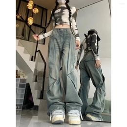 Women's Jeans Strappy Vintage Light Blue Baggy Streetwear Women High Waisted Straight Pants Irregular Patch Mop Y2k Clothes