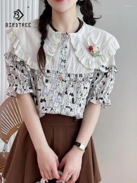 Women's Blouses Spring Cotton Cartoon Print Shirt Women Short Sleeve Lapel Age Reduction Top Girl Loose Sweet 2024 Summer T456126QC