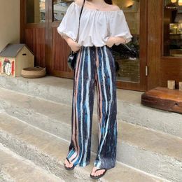 Women's Pants 2024 Summer Sweet Striped Ruched Thin Elasticized High-waisted Straight Tie Dye Casual Loose Wide Leg Floor Length