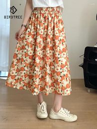 Skirts Spring Cotton A-Line Women Elastic Waist Floral Skirt Girl Sweet Commute Casual Loose 2024 Summer B45679QC