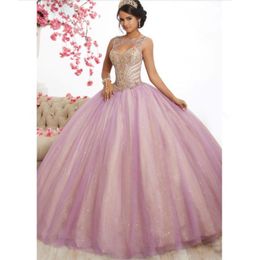 Splendid Pink Tulle Long Prom Dresses Ball Gowns 2019 New Design Beading Top Sweet 16 Dress Evening Dress Quinceanera Vestido de festa 215Y