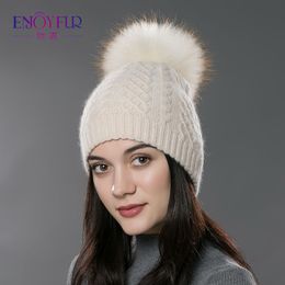 ENJOYFUR Winter fur pompom hat for women cashmere wool cotton hat Big Real Raccoon fur pompom Beanies cap bobble 2706