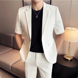 Men's Suits 2024 Spring And Summer Solid Colour Casual Men (suit Trousers) Fashion Waffle Sleeve Suit Nine-minute Trousers Two-piece Set