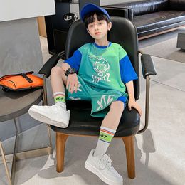 Boys Clothes Summer Contrast Sleeve T-Shirt & Sport Side Strip Shorts 2 Pieces Set Teenage Boy Cartoon Graffiti Tracksuit