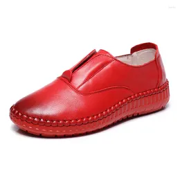 Casual Shoes Women Flats Slipony Genuine Leather Sewing Thread Elastic Band Round Toe Moccasins Woman