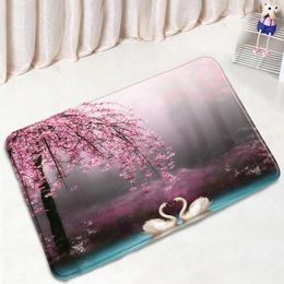 Bath Mats 3D Pink Flowers Swan Forest Natural Scenery Home Entrance Bedroom Door Mat Bathroom Decor Non-slip Bathtub Foot Carpet