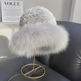 ICYMI Winter Real Fur Hat Women Warm Knitted Genuine Real Rabbit Fur Hat Top with Natural Fox Fur Bomber Caps Rex Rabbit Fur Cap 240514