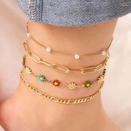 Anklets Bohemian Daisy Flower For Women Multilayer Colourful Flowers Beaded Foot Chain Female Beach Anklet Leg Bracelet Jewellery