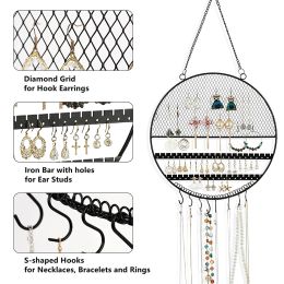 Hanging Earring Holder Wall Mounted Jewellery Organiser Grid Shape Display Hooks for Earrings Necklaces Bracelets Black-Round Rack