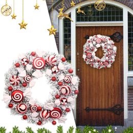 Decorative Flowers Christmas Wreath 16 Inch For Front Door Red White Decoration With Ball Ornaments Candy