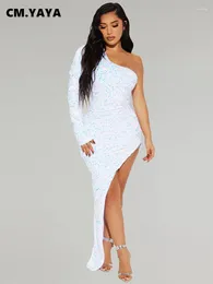 Casual Dresses CM. Women Sequined One Shoulder Full Sleeve High Side Split Maxi Dress 2024 Birthday Evening Party Sexy Long Vestido