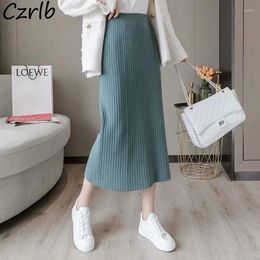 Skirts Women Chic Casual Korean Knitted Midi Pleated Skirt A-line Lady Autumn Solid Fashion Loose All-match High Waist Vintage