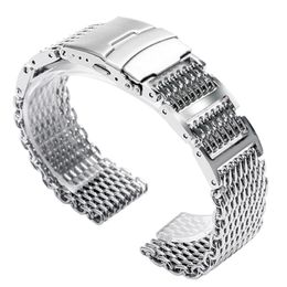 20 22 24mm Silver Black Stainless Steel Shark Mesh Solid Link Wrist Watch Band Replacement Strap Folding Clasp 309N