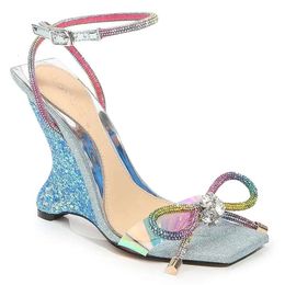 Ladies Shaped Bling Heel Sandals Iridescent Diamond Bow Sier Buckle Open Toe Square Plus Size 3441sa 70f