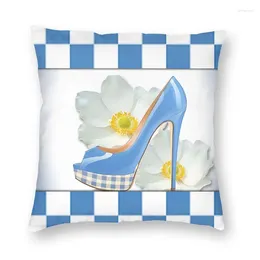 Pillow Sky Blue High Heel Checker Pattern And Flowers Cover Two Side 3D Print Throw Case For Car Pillowcase Home Decor