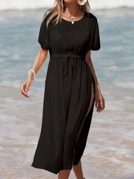 Sexy Short Sleeve High Split Crochet Knitted Tunic Beach Cover Up Cover-ups Dress Wear Beachwear Female Women K5617