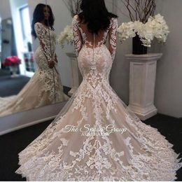 2019 Novo ilusão de mangas compridas Mermaid Vestidos de noiva Tulle Applique Court Wedding Bridal GOWNS com botões 11 11 236a