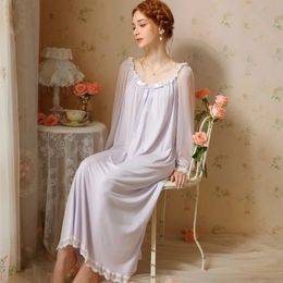 French Victorian Princess Modal Lace mesh Nightgown Women Sweet Girls Spring Autumn Long Sleeve Vintage Sleepwear High Quality 240527