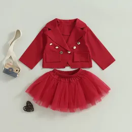 Clothing Sets 2 Pieces Kids Suit Set Solid Colour Lapel Long Sleeve Single-Breasted Coat Tulle Skirt Red/Purple 1-7 Years