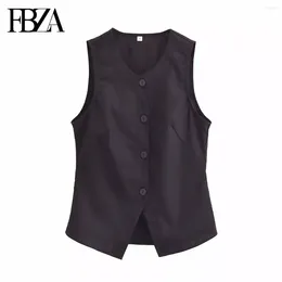 Women's Vests FBZA Women Fashion Linen Blend Black Single-breasted V-Neck Suit Vest Sleeveless Chic Female Slim Waistcoat Jackets Mujer