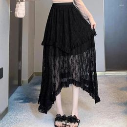 Skirts Black Lace Asymmetrical Skirt For Women Korea Fashion Y2k Vintage Midi Irregular Female France Style Ruffle Chic Clothes