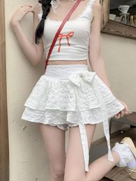 Skirts Sweet White Bow Pleated A-line Mini Skirt Women Black Ruffles Preppy Style Elastic High Waist Slim Short Simple Summer