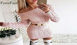 Forefair Off Shoulder Long Sleeve Knitted Sweater Dress Women Casual Pink Grey Autumn Winter Warm Elegant Sexy Lady Dresses8987612