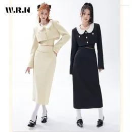 Work Dresses 2024 Autumn Elegant Sweet Sexy Style 2 Piece Set Women Long Sleeve Crop Top A-line Skirt Vintage Two Outfits
