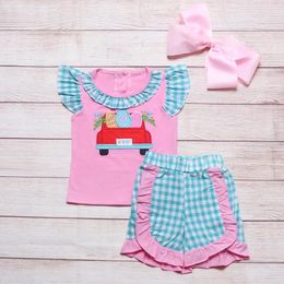 Clothing Sets Happy Easter 1-8T Summer Baby Girl Clothes Suits With Cute Cartoon Egg Embroidery Pink Short Sleeve Casual Plaid Pants