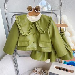 Clothing Sets Girls Autumn Spring Child Baby Girl Faux Leather Clothes Suit Kids Children Sweet Coat Skirt Outfits 2-8y