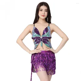 Work Dresses Shiny Sequins Butterfly Women Two Piece Set Clubwear Backess Sexy Crop Top Tassel Mini Skirt Festival Party Rave Matching