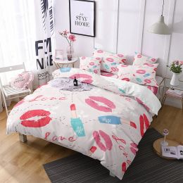 Lips Polyester Duvet Cover Set Red Heart Valentine's Day Present for Couple Wife King Queen Size Bedding Set with Pillowcase