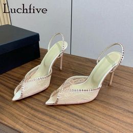 Sandals Fashion Sexy Lace Thin High Heels Women's PVC Crystal Knot Ladies Pumps Brand Summer Elegant Party Shoes Mujer