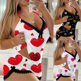 Home Clothing Womens Sexy Camisole Women Pajamas Set Pijama Love Printing Shorts Two Piece Ladies Sleepwear Suit Lace Backless Pants