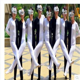 Stage Wear Black white optical illusion leg Siamese dance costumes Adult child Russian QERFORMANCE clothing personality ballroom dress 313n