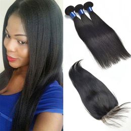 Brazilian Virgin Hair 3 Bundles With 5X5 Lace Closure Straight Human Hair Extensions 4 Pieces/lot With Baby Hairs Otifb