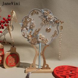JaneVini Elegant Blue Appliques Bridal Hand Bouquets Fan Artificial Flowers Beaded Chinese Metal Fan Wedding Jewelry Accessories