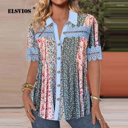 Women's Blouses Summer Fashion Buttons Lace Patchwork Shirts For Women Casual Turn-down Collar Short Sleeve Printing Cardigans Party