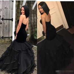 2019 Black Velvet Tiered Skirt Organza Prom Dresses Mermaid Sweetheart Neckline Long Custom Made Formal Occasion Wear Evening Party Gow 292U