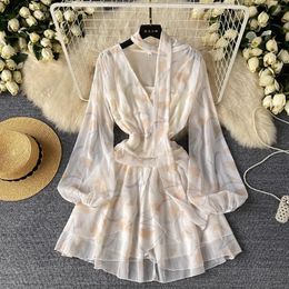 Casual Dresses Retro Print Elegant Chiffon Lantern Sleeve Long Dress A-line V-neck High Waist Women Summer