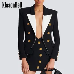 Work Dresses 5.17 KlasonBell Rose Gold Button Lapel Spliced Colour Collect Waist Blazer Or Package Hip Short Skirt Elegant Fashion Set Women